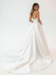 White Satin Long A Line Wedding Dress with Slit