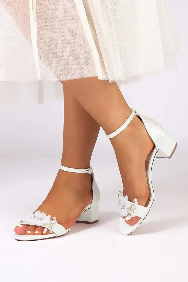 Satin Block Heel Sandal Featuring Delicate Floral Rhinestone Decorations