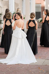 Simple A Line Round Neck Black Satin Long Bridesmaid Dresses