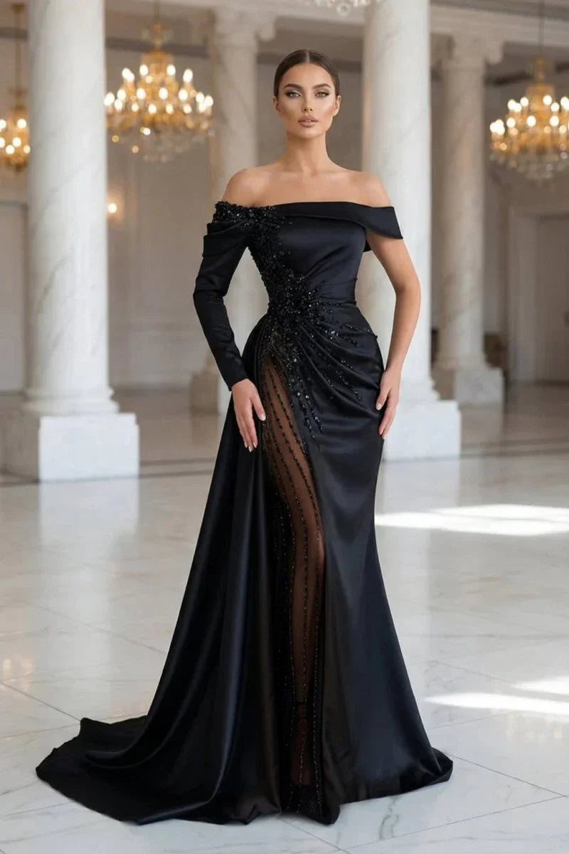 Sheath Off The Shoulder Long Sleeves Satin Sequined Prom Dresses