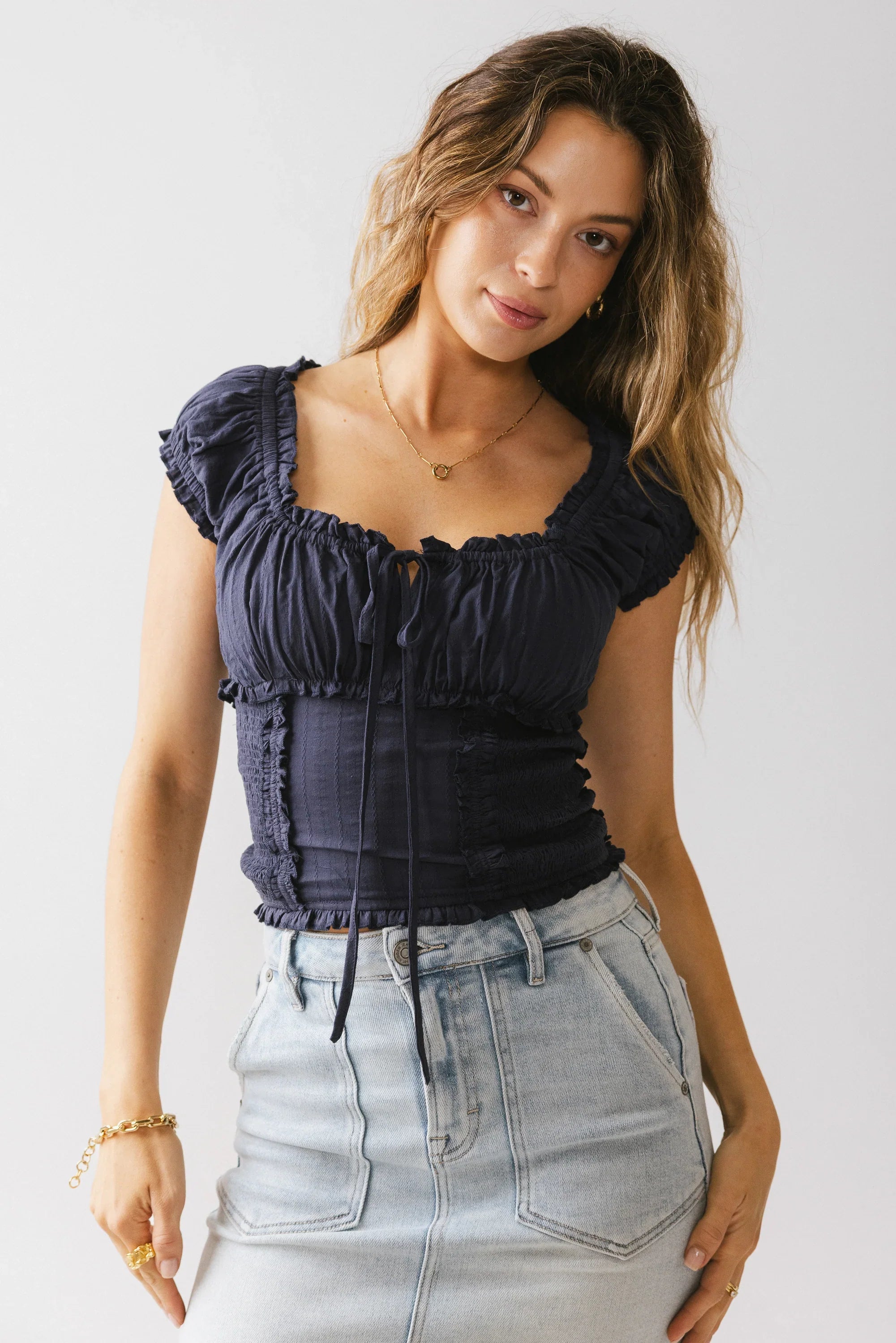 Taylor Ruffle Blouse in Navy FINAL SALE
