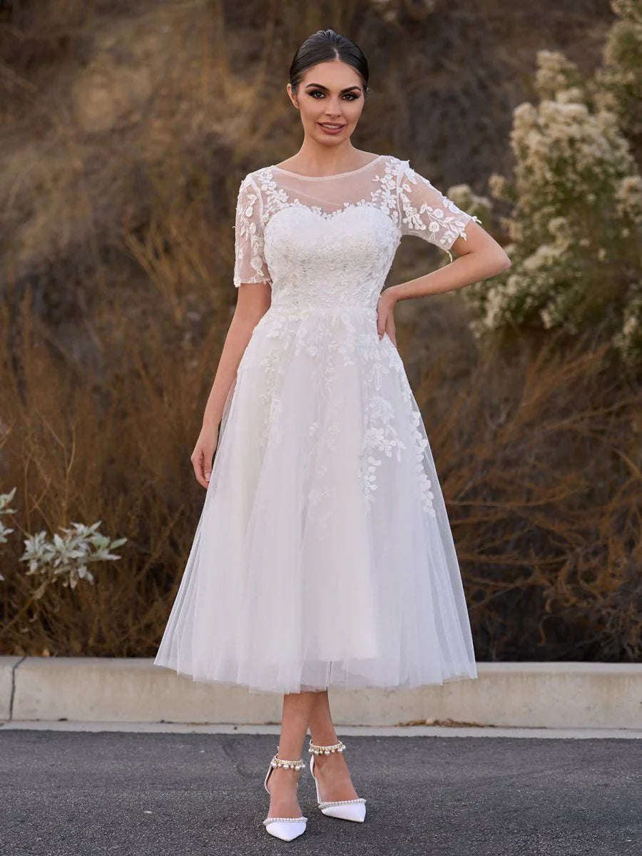 Tea Length Sleeves Ethereal Modern A Line V Neck Button Back Wedding Dress