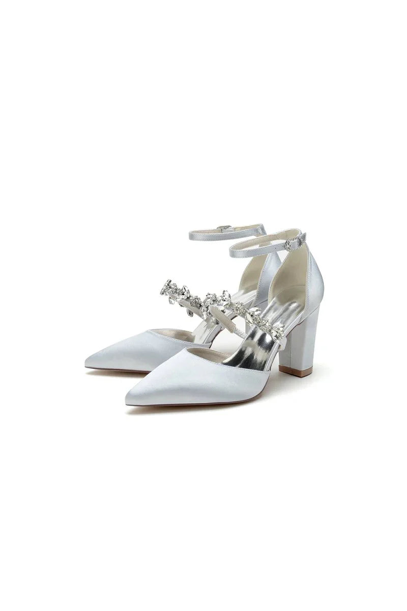 Satin Pointed Toe Rhinestone Strappy Chunky Heels