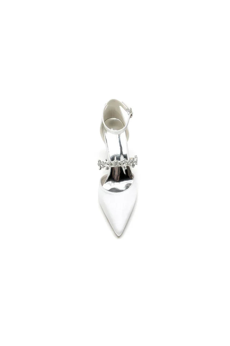 Satin Pointed Toe Rhinestone Strappy Chunky Heels