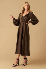 ROMANTIC LOVE BROWN LONG SLEEVE MIDI DRESS