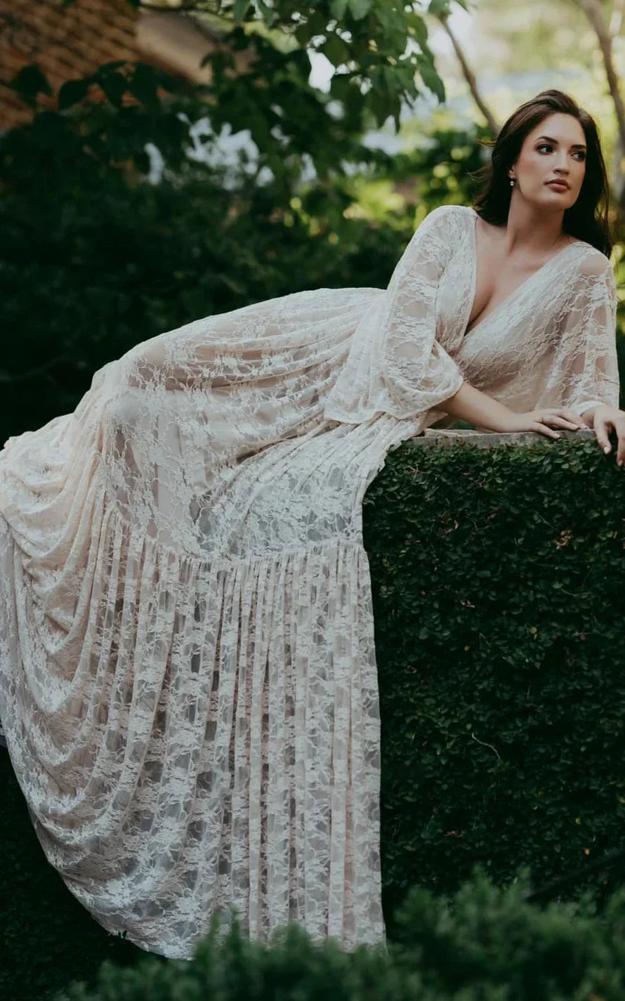 A Line Plunging Neckline Lace Wedding Dress With Open Back