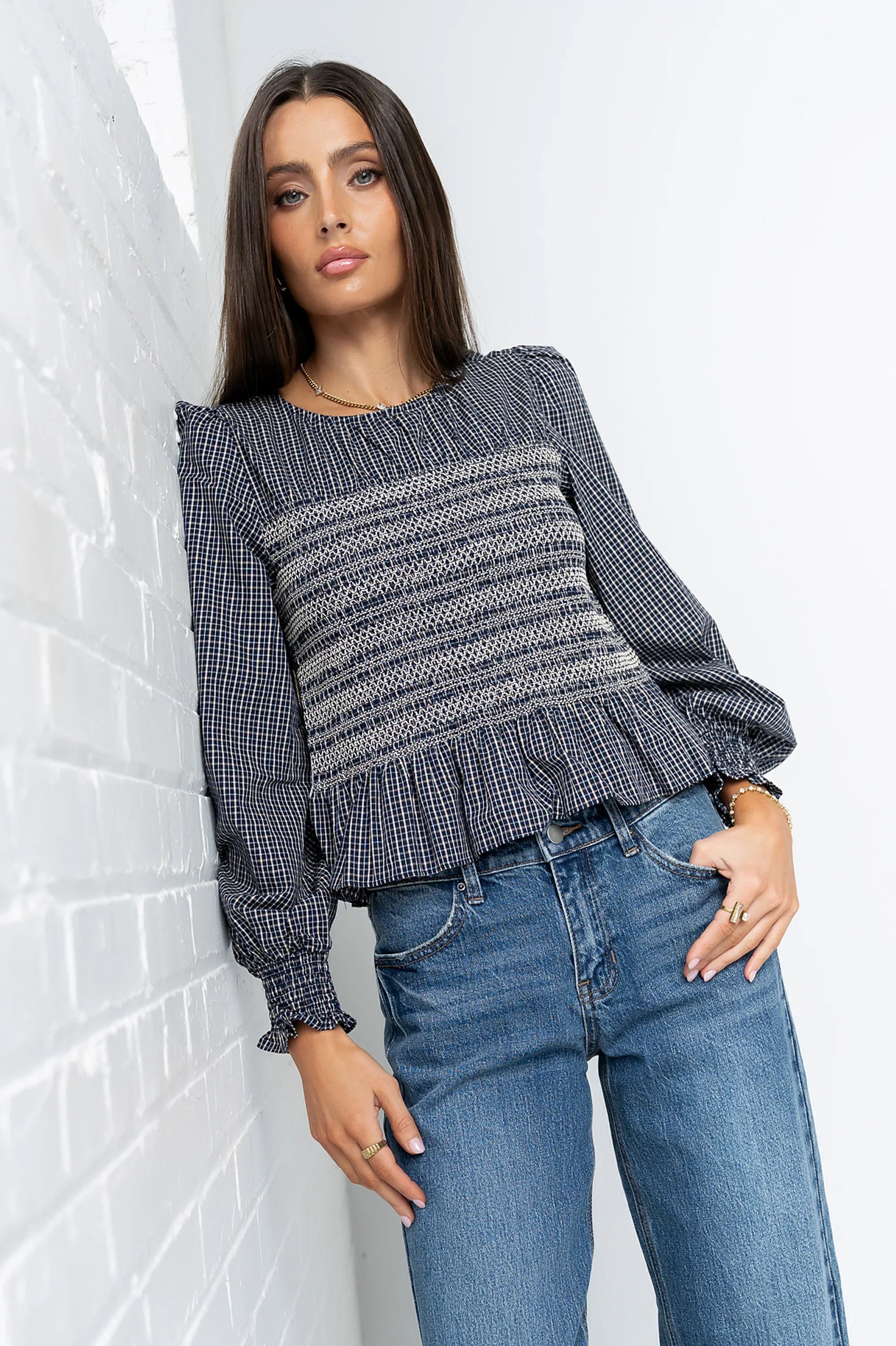 Kesley Smocked Blouse in Navy