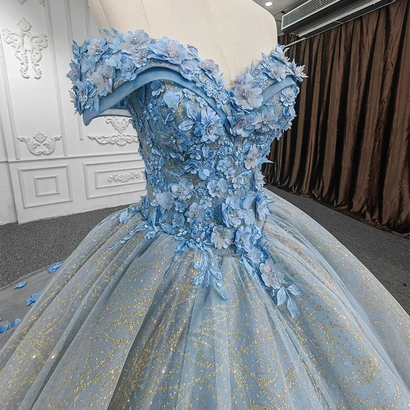 Quinceanera Blue Off the Shoulder Ball Gown Flower Dress
