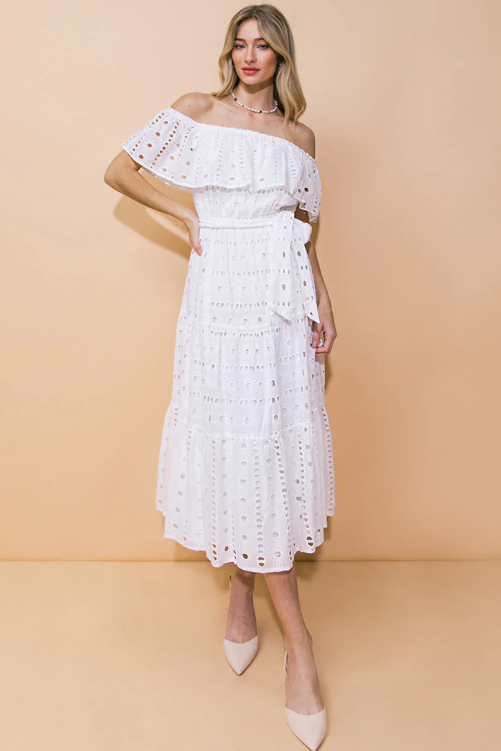 CATCHING MY BREATH EYELET MIDI DRESS