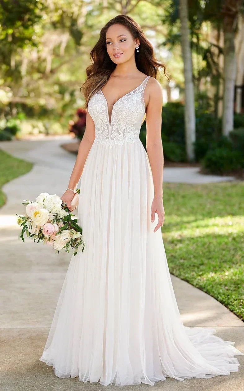 Simple Classic Tulle Applique Wedding Gown Garden A Line Backless Spaghetti Wedding Dress