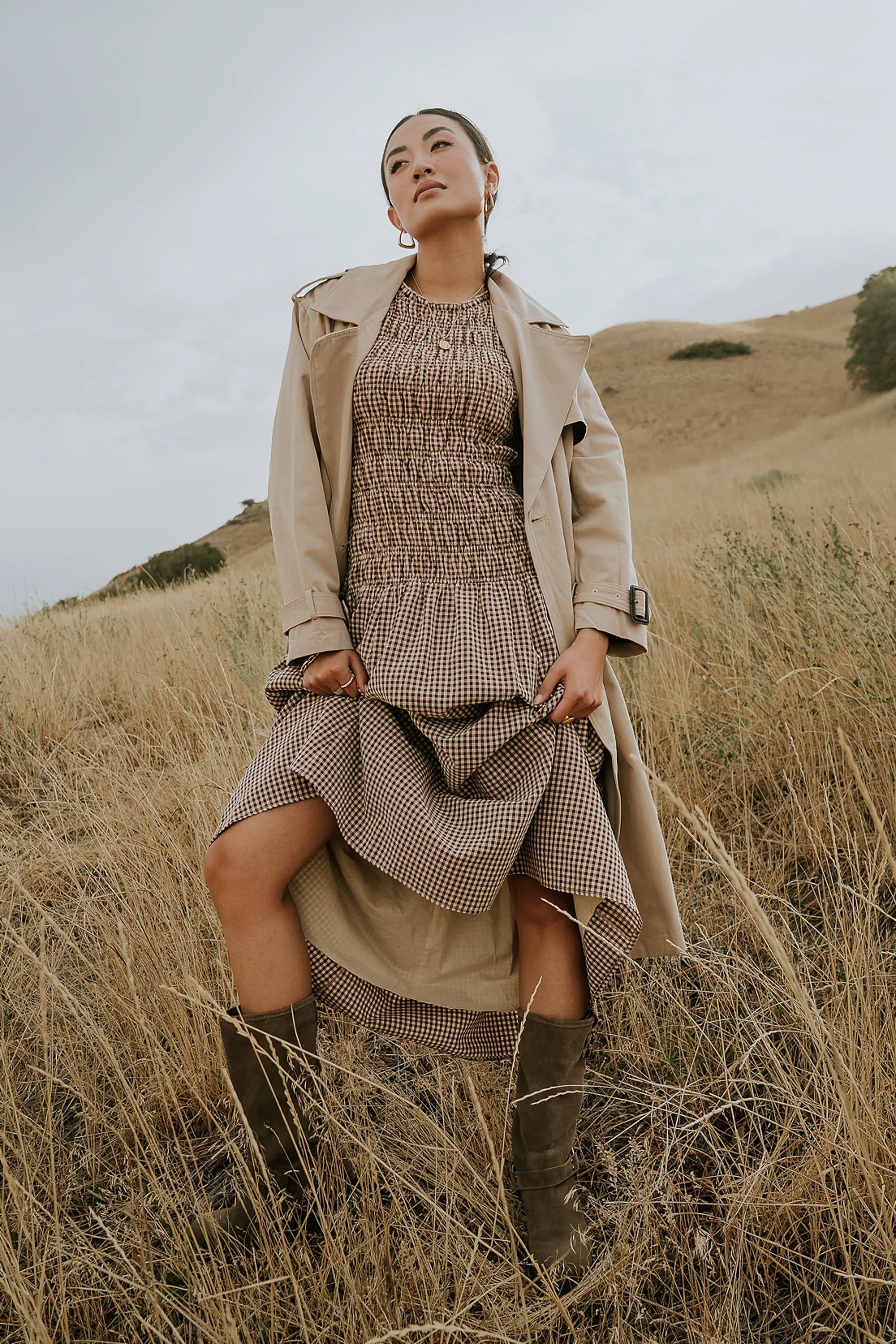 Opal Gingham Maxi Dress in Brown