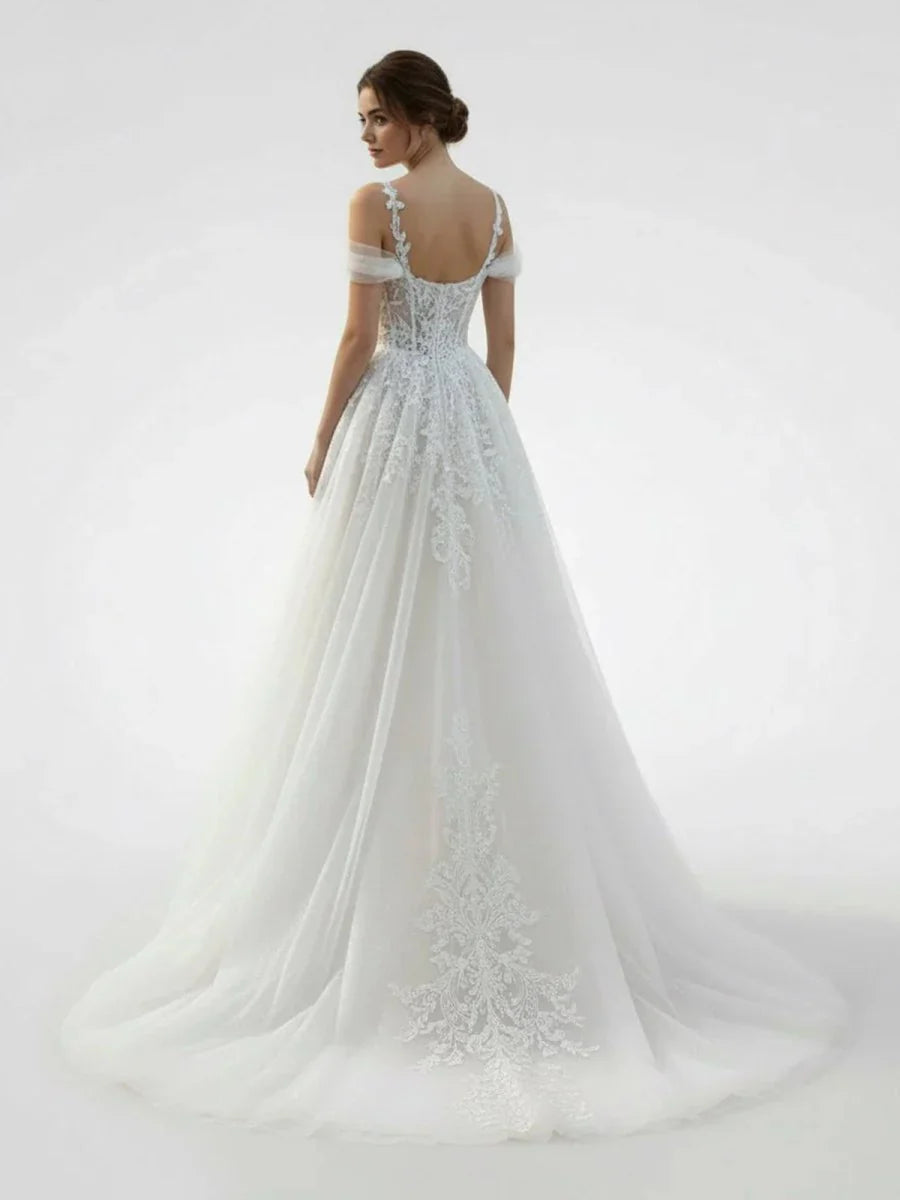 A Line Off The Shoulder Tulle Wedding Dresses With Appliques Lace