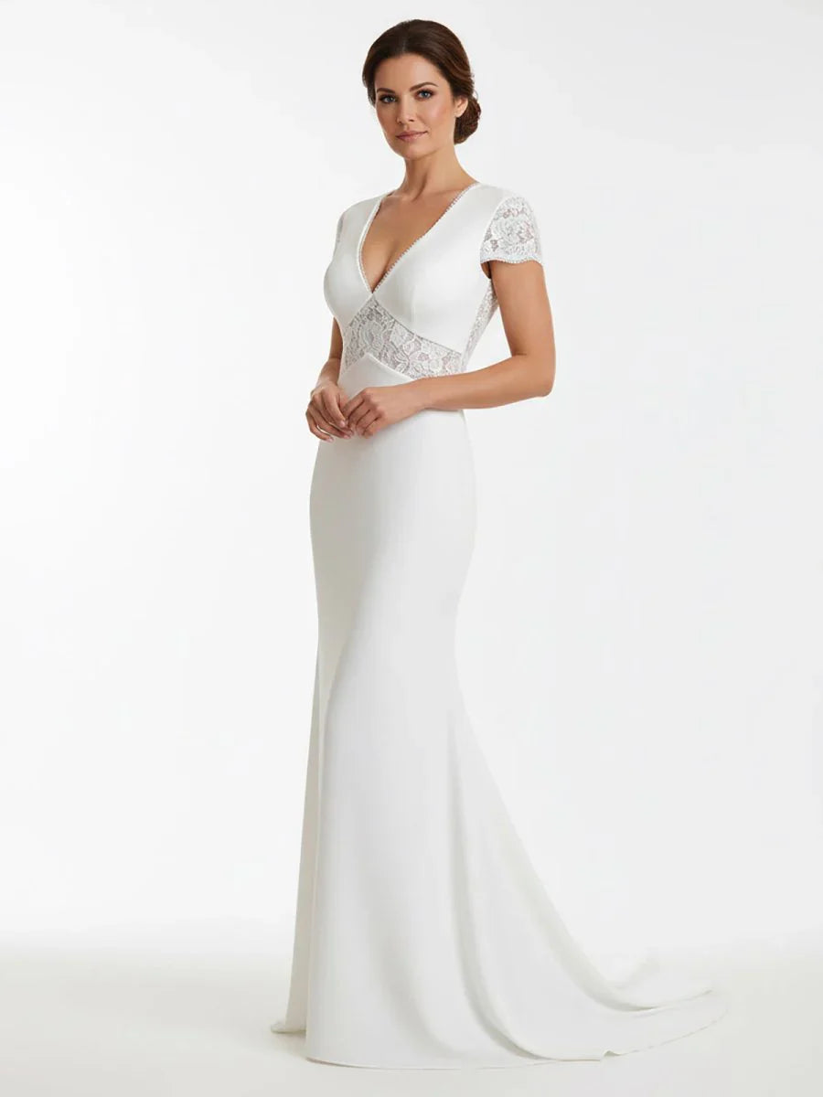 Modest Simple Sheath Short Sleeve Empire Floor Length Sweep Train Chiffon V neck Wedding Dress