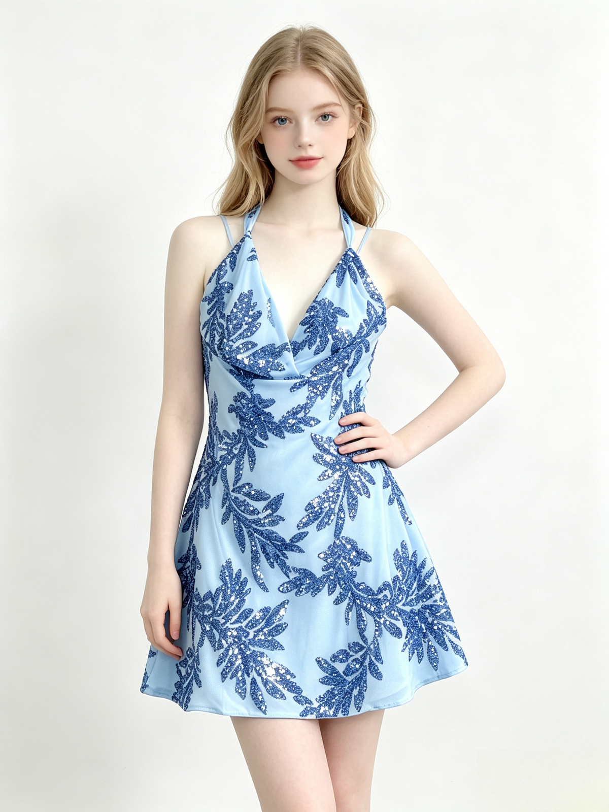 Halter Leaf Sequin Mini Bodycon Dress