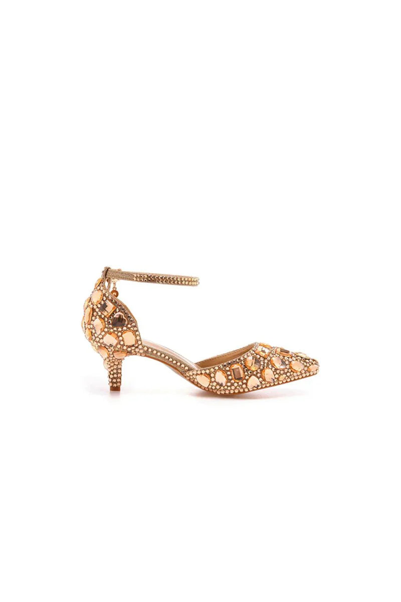 Pointed Toe Crystal Diamond Ankle Strap Kitten Heels