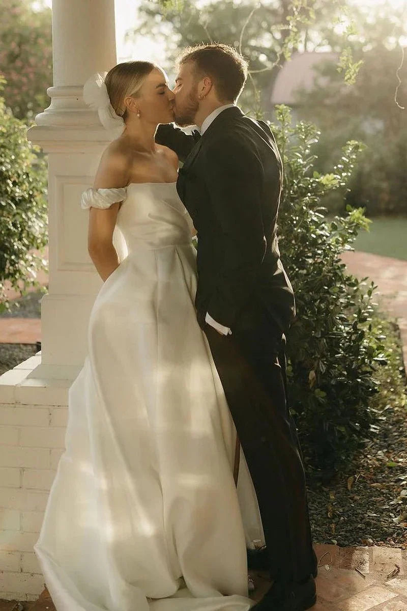 A Line Satin Off the Shoulder Wedding Dresses with Slit