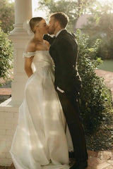 A Line Satin Off the Shoulder Wedding Dresses with Slit