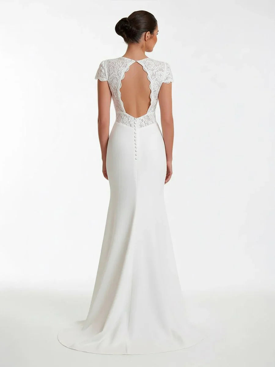 Modest Simple Sheath Short Sleeve Empire Floor Length Sweep Train Chiffon V neck Wedding Dress