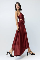 Asymmetrical Pleated Maxi Dress in Wine