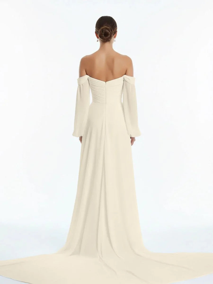 A Line Sweetheart Long Sleeves Chiffon Sweep Train Wedding Dress