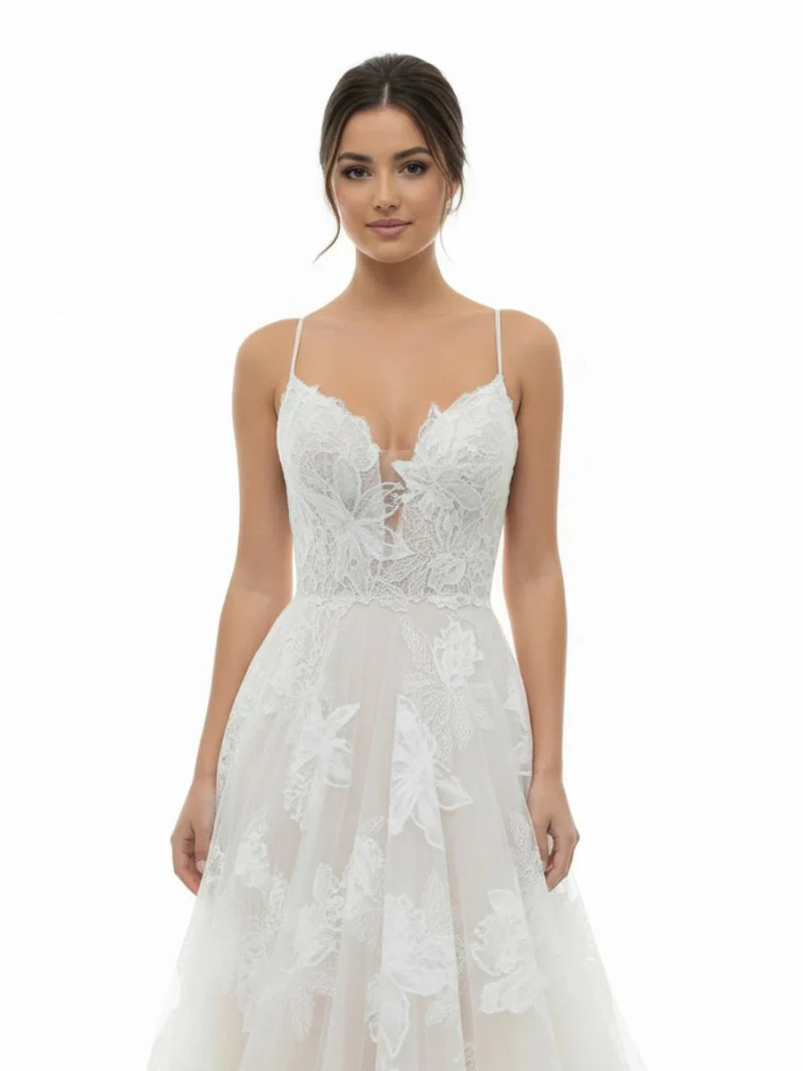 Boho White A Line Lace Appliques Wedding Dress