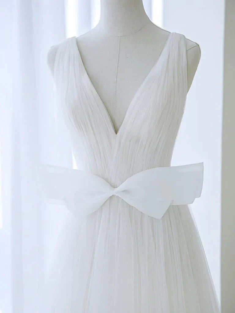 A Line V Neck White Tulle Long Wedding Dress with Bow