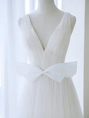 A Line V Neck White Tulle Long Wedding Dress with Bow