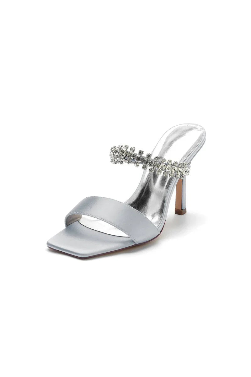 Square Open Toe Rhinestone Strappy Satin Stiletto Heels