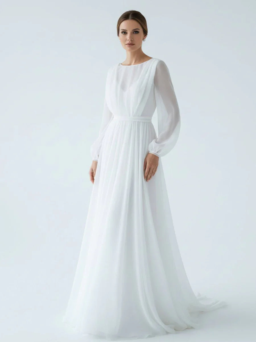 A Line Illusion Neck Long Sleeves Sweep Train Organza Wedding Dresses