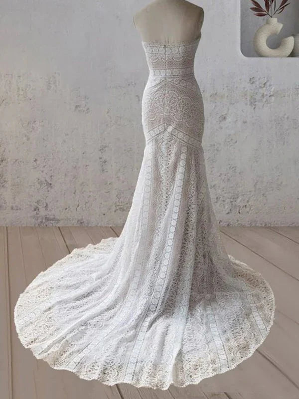 Vintage White Mermaid Lace Wedding Dress with Tassel