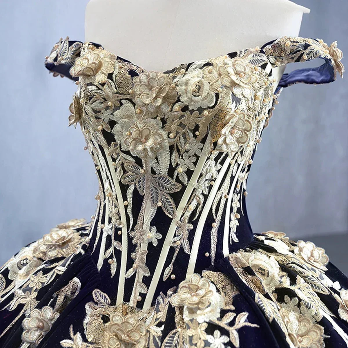Navy Blue Velvet Quinceañera Dress With Train 3D Flower Appliques Ball Gown