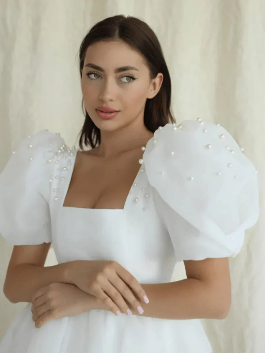 A Line Square Neck Short Wedding Dress With Puffy Pearls Sleeves