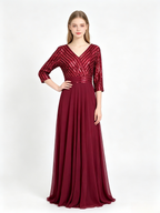 Burgundy Sequin Chiffon Maxi Evening Dress