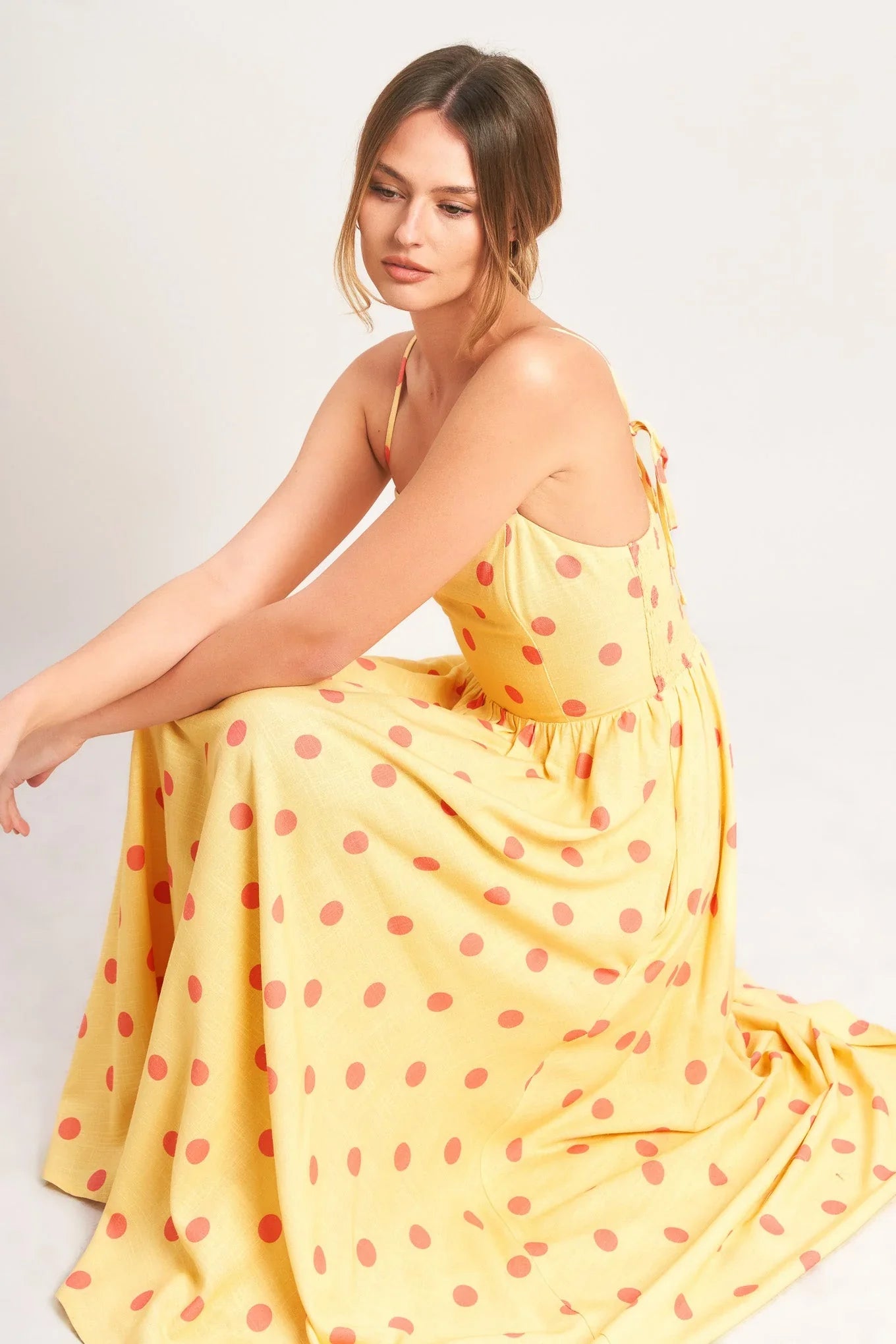 GOLDEN SUMMER POLKA DOT YELLOW MIDI DRESS