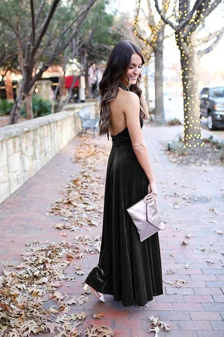 Elegant A Line Halter Backless Burgundy Velvet Long Bridesmaid Dresses Prom Gown