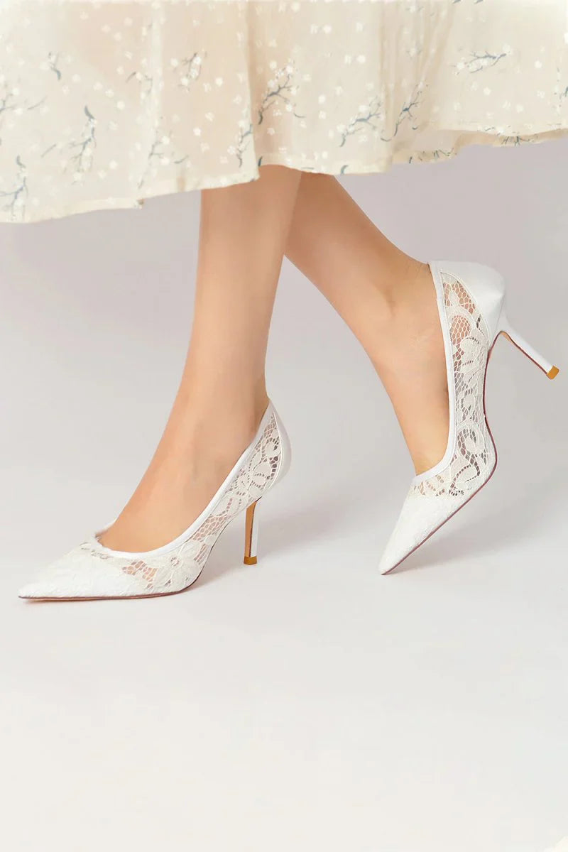 Pointed Toe Bridal Heels with Lace