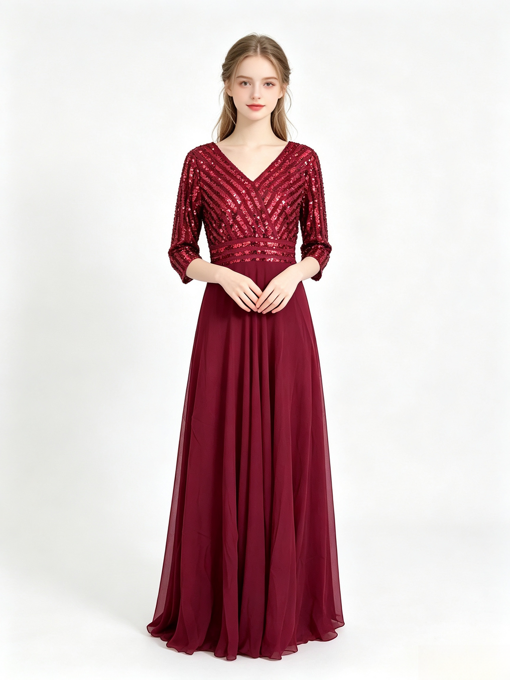 Burgundy Sequin Chiffon Maxi Evening Dress