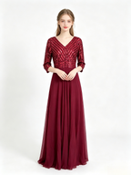 Burgundy Sequin Chiffon Maxi Evening Dress
