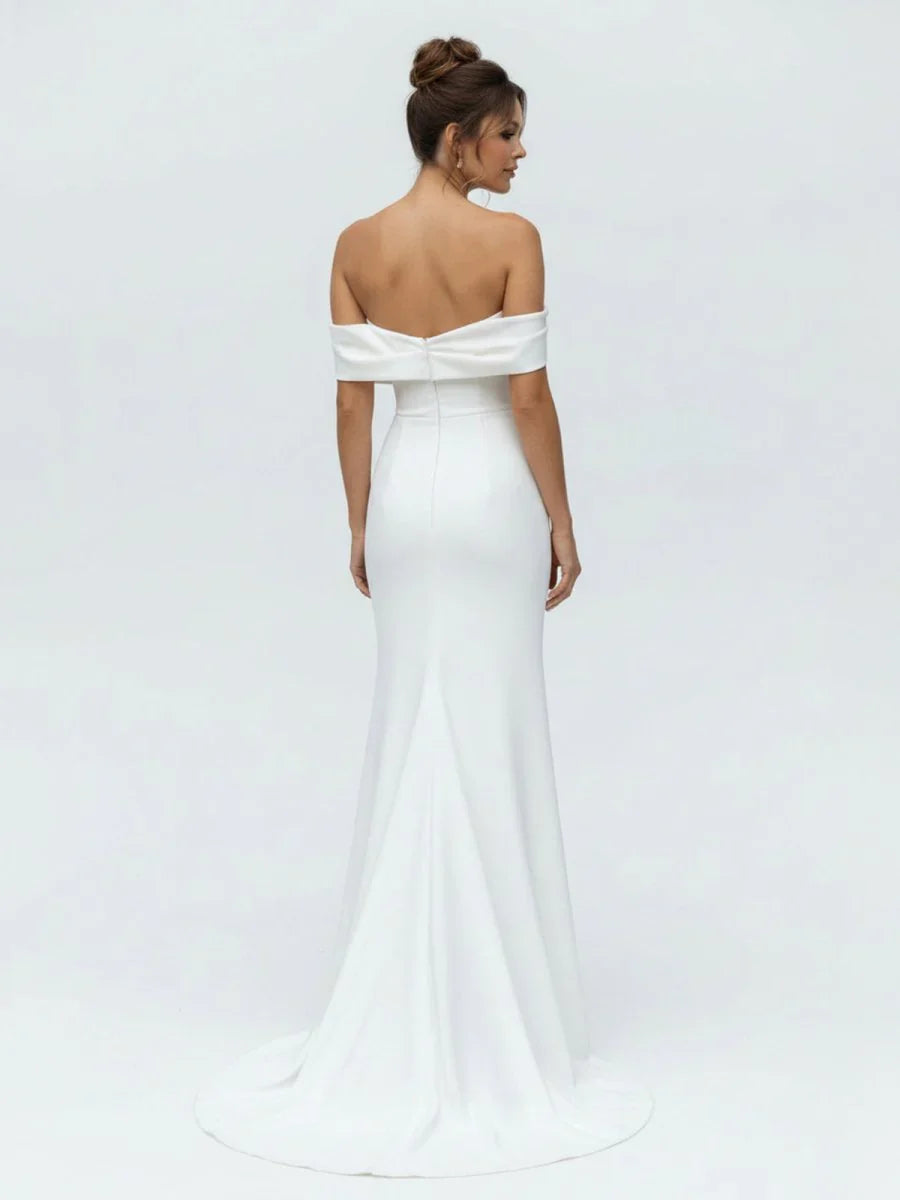 Mermaid Satin Off the Shoulder Sheath Wedding Dress with Zipper and Slit