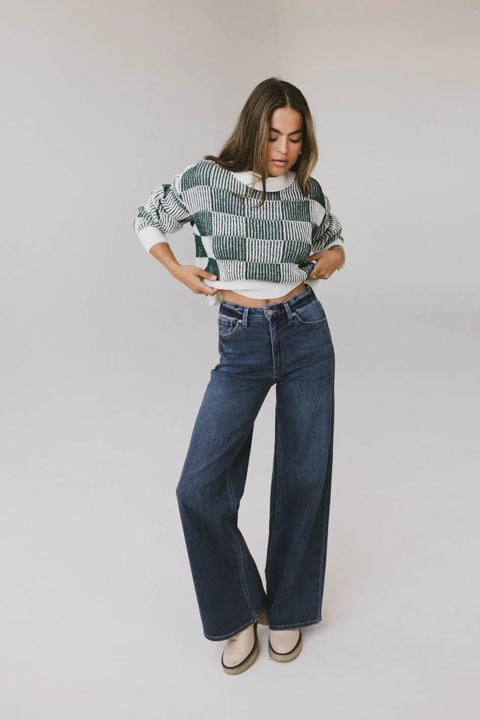 Cielo Checkered Sweater in Green FINAL SALE