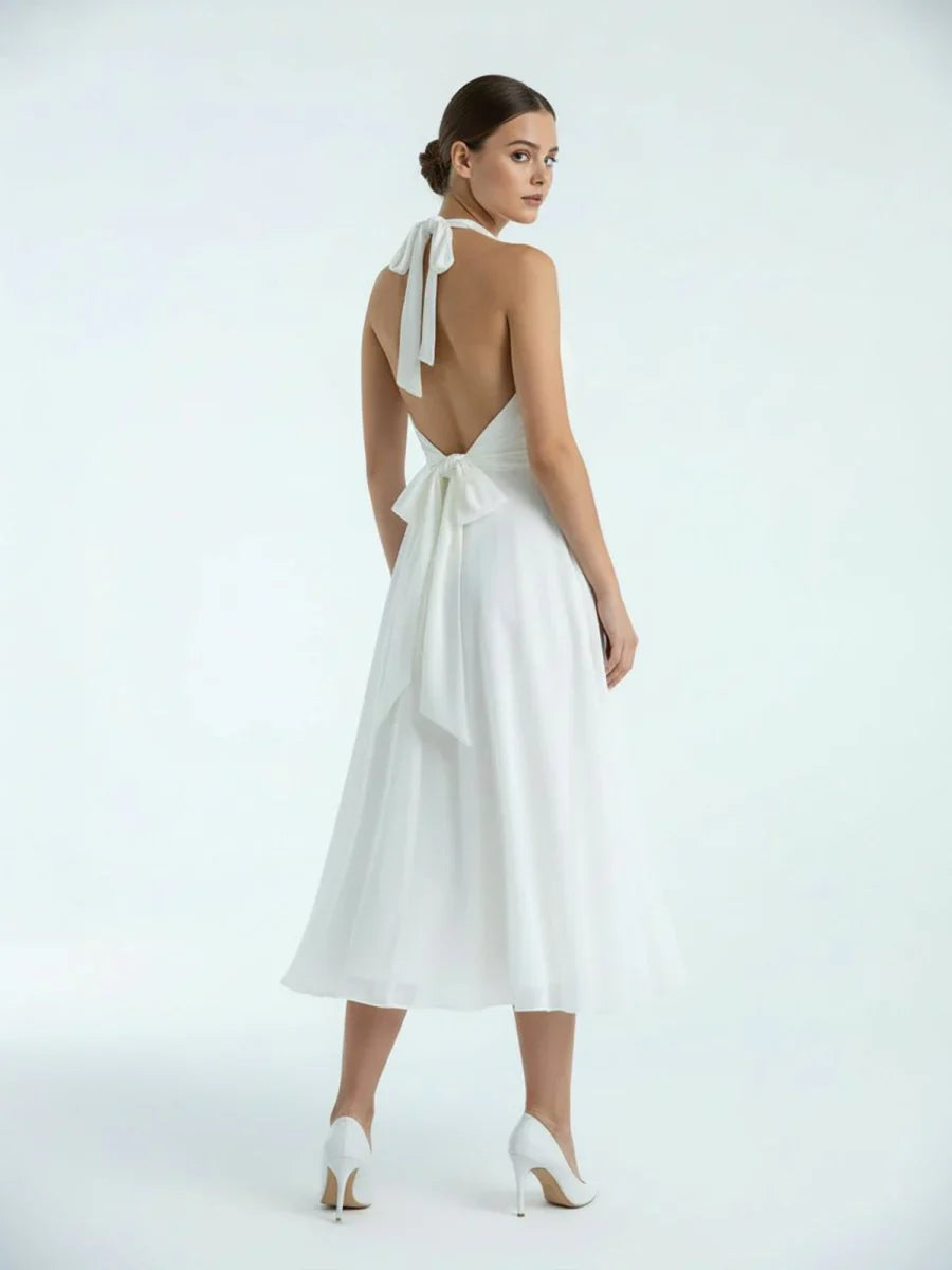 Vintage Tea Length Chiffon Wedding Dress With Halter Neck and Bow
