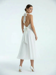 Vintage Tea Length Chiffon Wedding Dress With Halter Neck and Bow