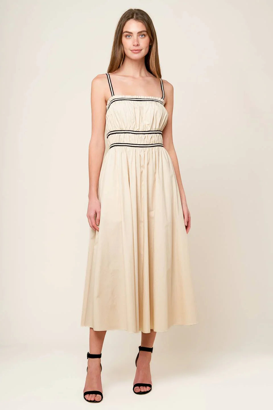 TERRIFIC TIMING BLACK TRIM IVORY MIDI DRESS