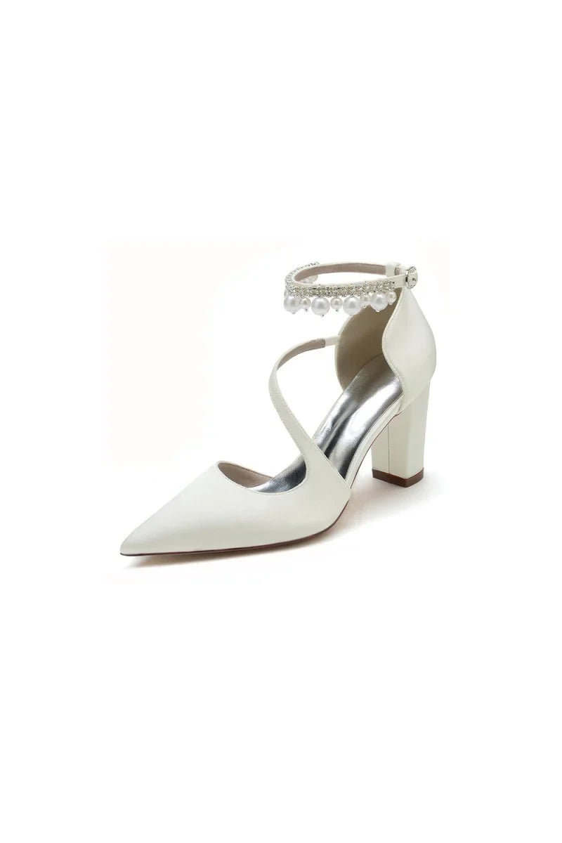 White Satin Heels with Cross Strap Design and Pearl Accented Buckle