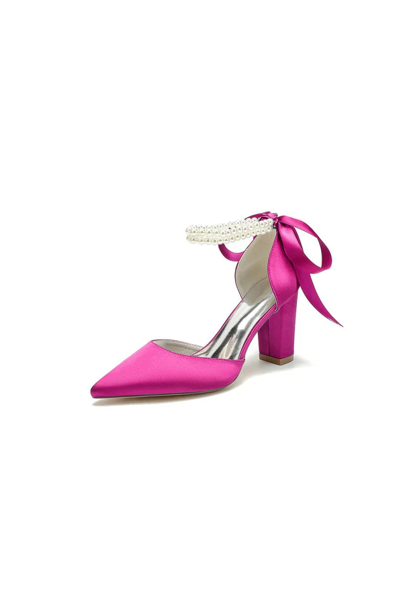 Pointed Toe Pearl Ribbon Ankle Strap Chunky Heel