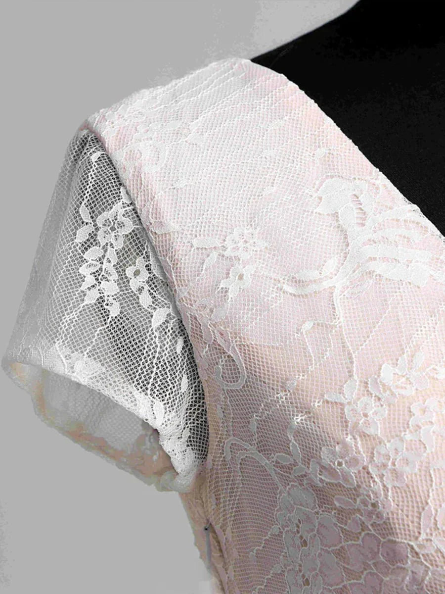 Short Sleeve V neck Pleated Long Lace Wedding Dress