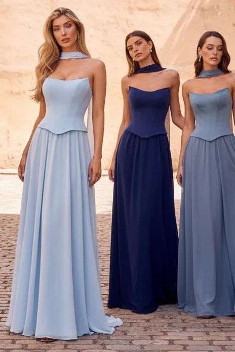 ISABELLA GOWN STRAPLESS CHIFFON DRESS WITH SCARF