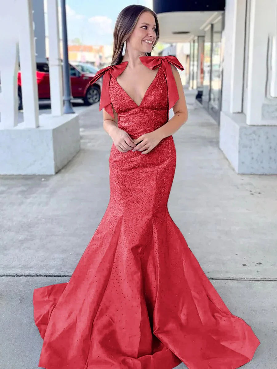 Sky Blue V Neck Mermaid Satin Long Prom Dress With Bow