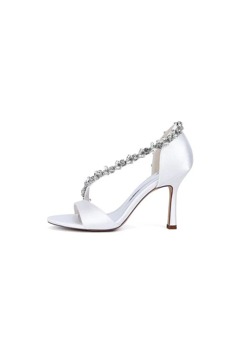 White Satin High Heels with Crystal and Chain Embellishments
