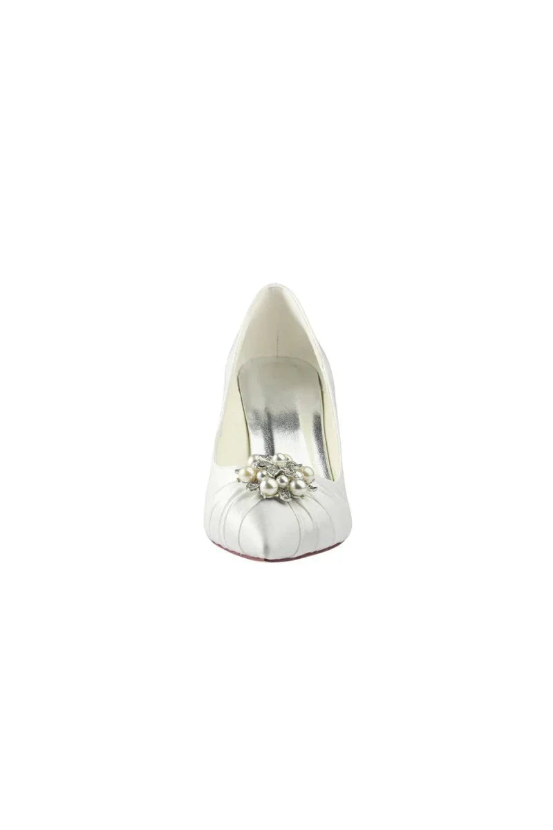 Wedding Shoes Close Toe Stiletto Heel Satin With Rhinestone Ruffles